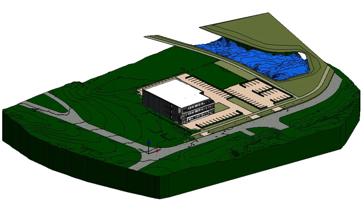 3D-BIM-model van een bouwproject, geplaatst op een terreinmodel met hoogtegegevens