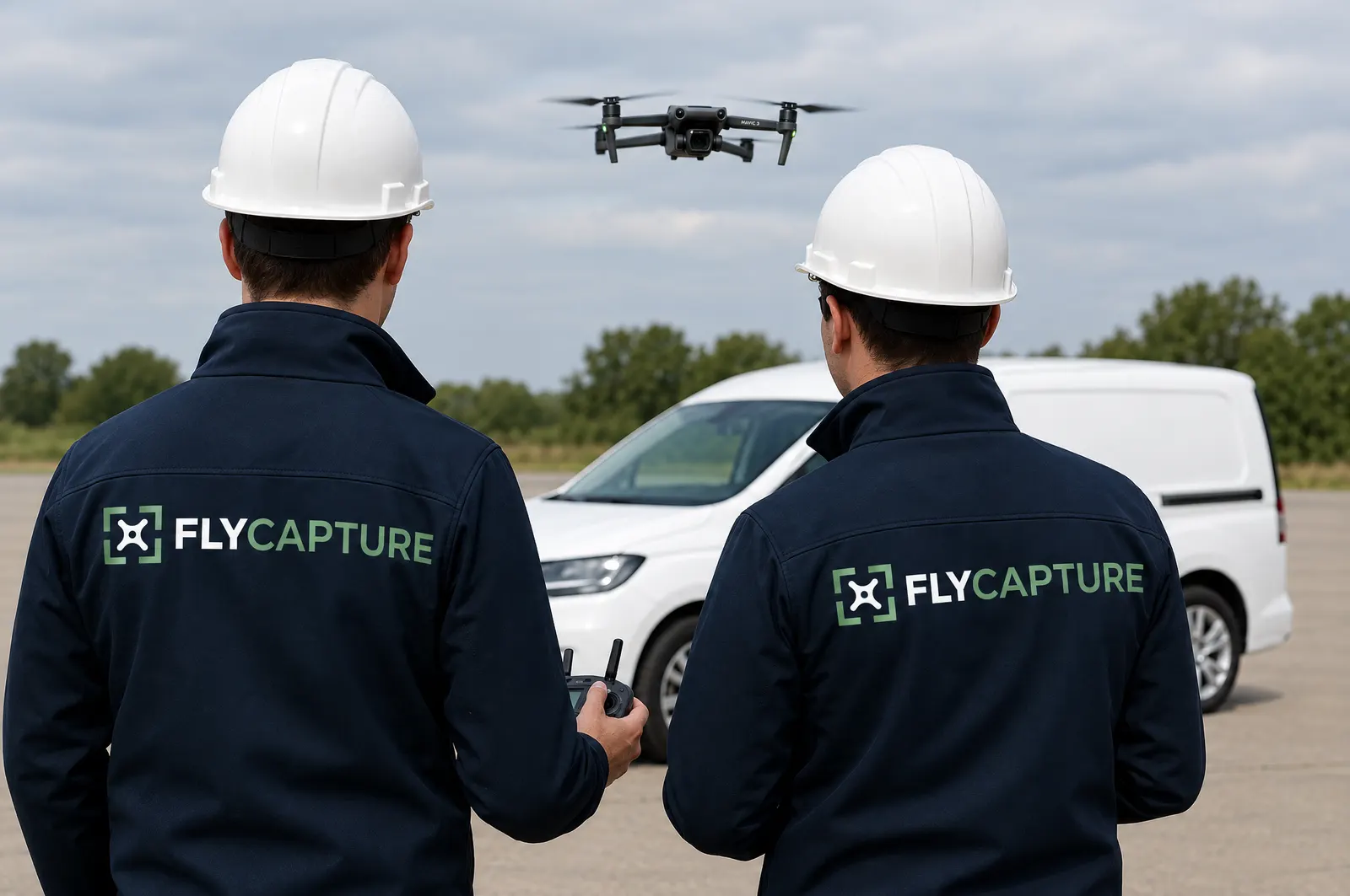 Twee drone-operators in FlyCapture-jassen met een DJI Mavic 3 in de lucht